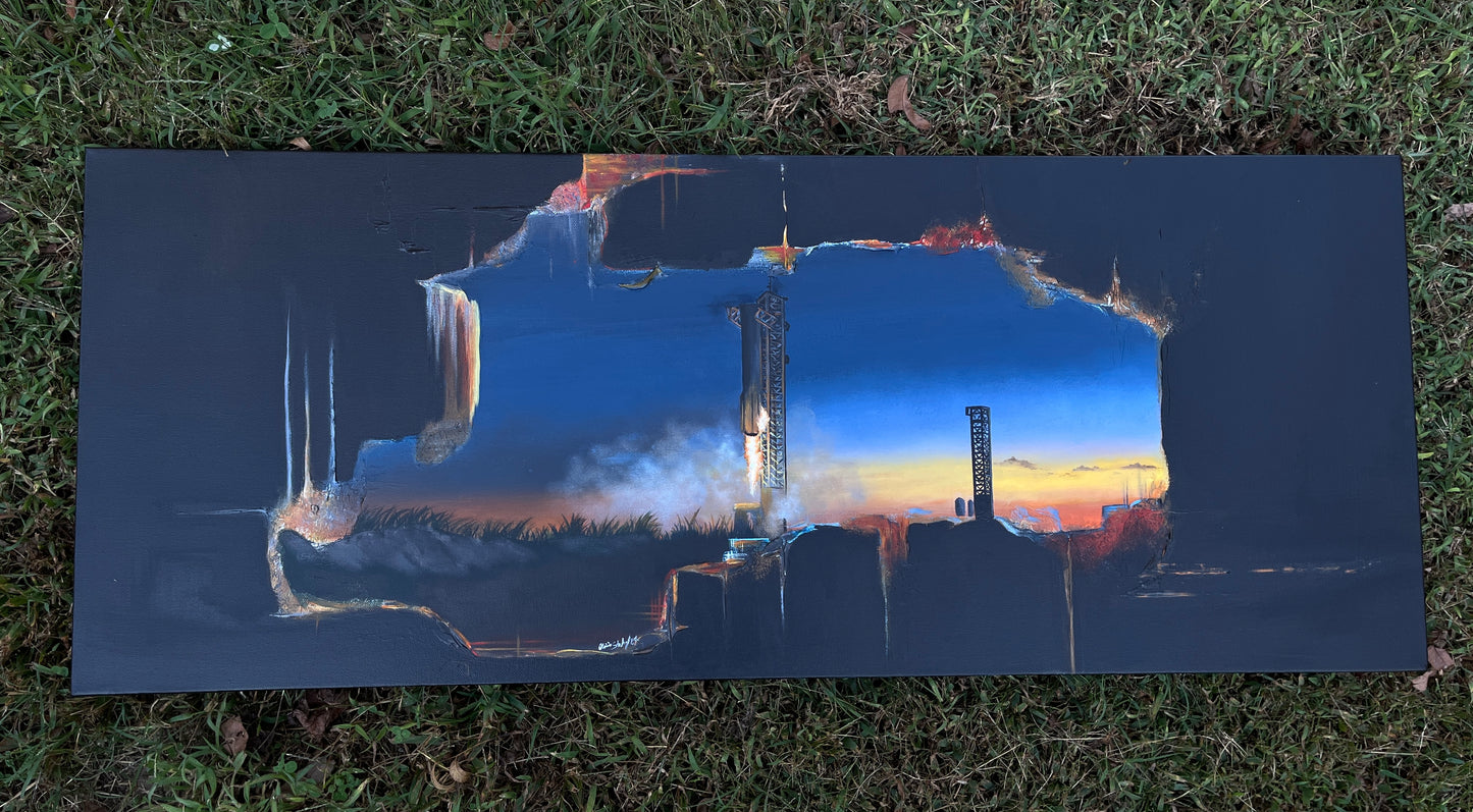 16x40 inches “Trust Fall” Starship Booster Catch ORIGINAL painting (Textured)