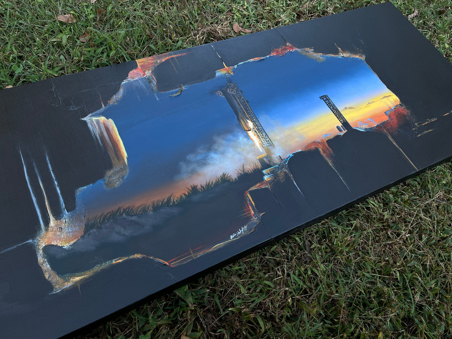 16x40 inches “Trust Fall” Starship Booster Catch ORIGINAL painting (Textured)